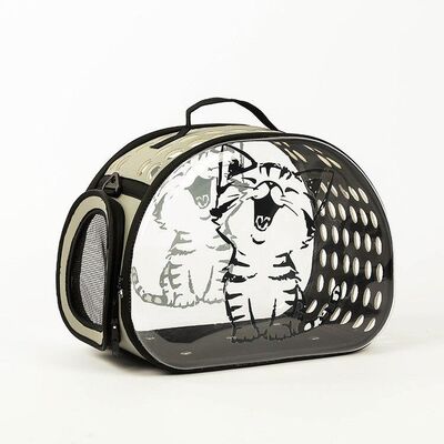 Miapet - Miapet Şeffaf Desenli Kedi Köpek Taşıma Çantası 42 x 26 x 35 cm Çizgi Kedi